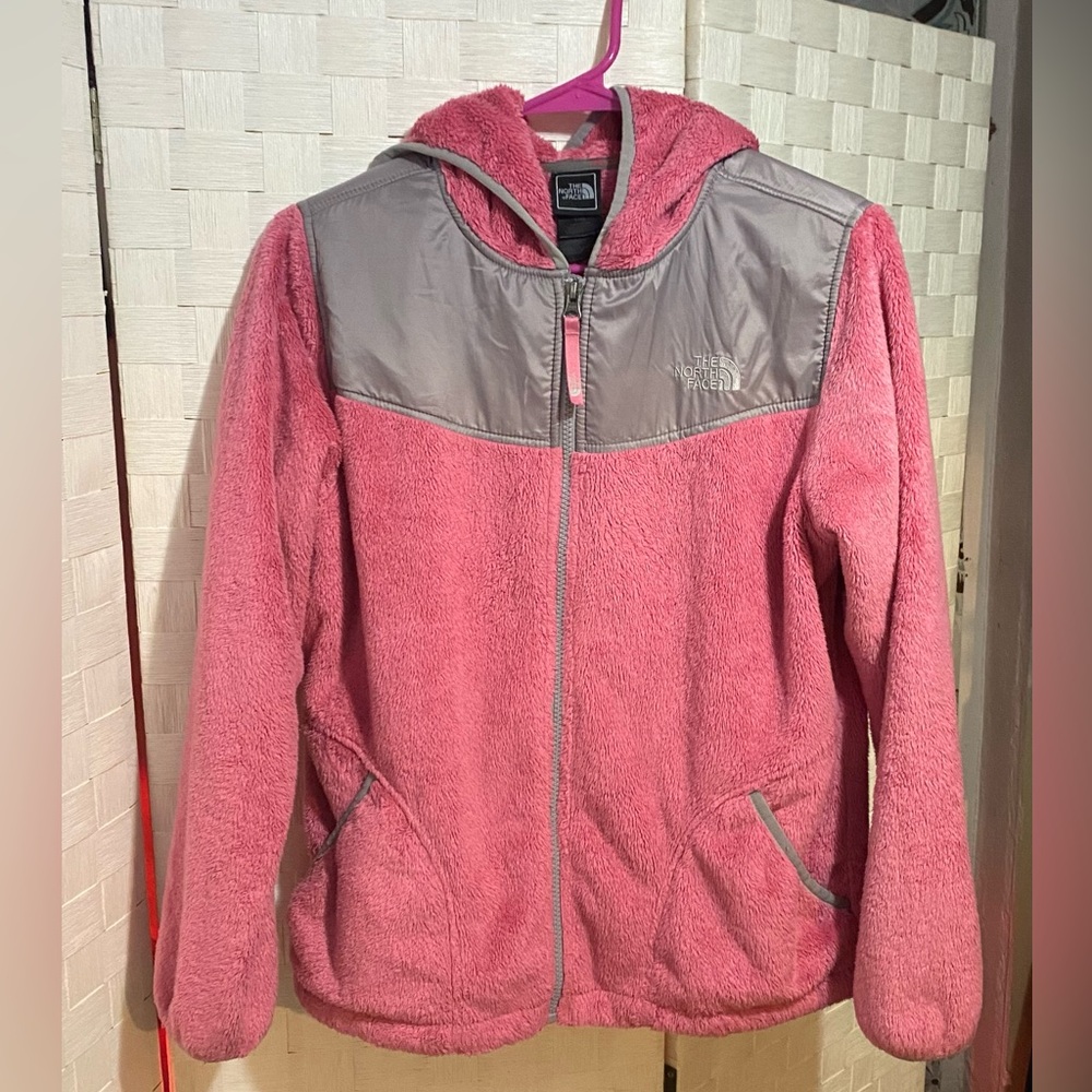 Girls Pink and gray North Face fleece jacket